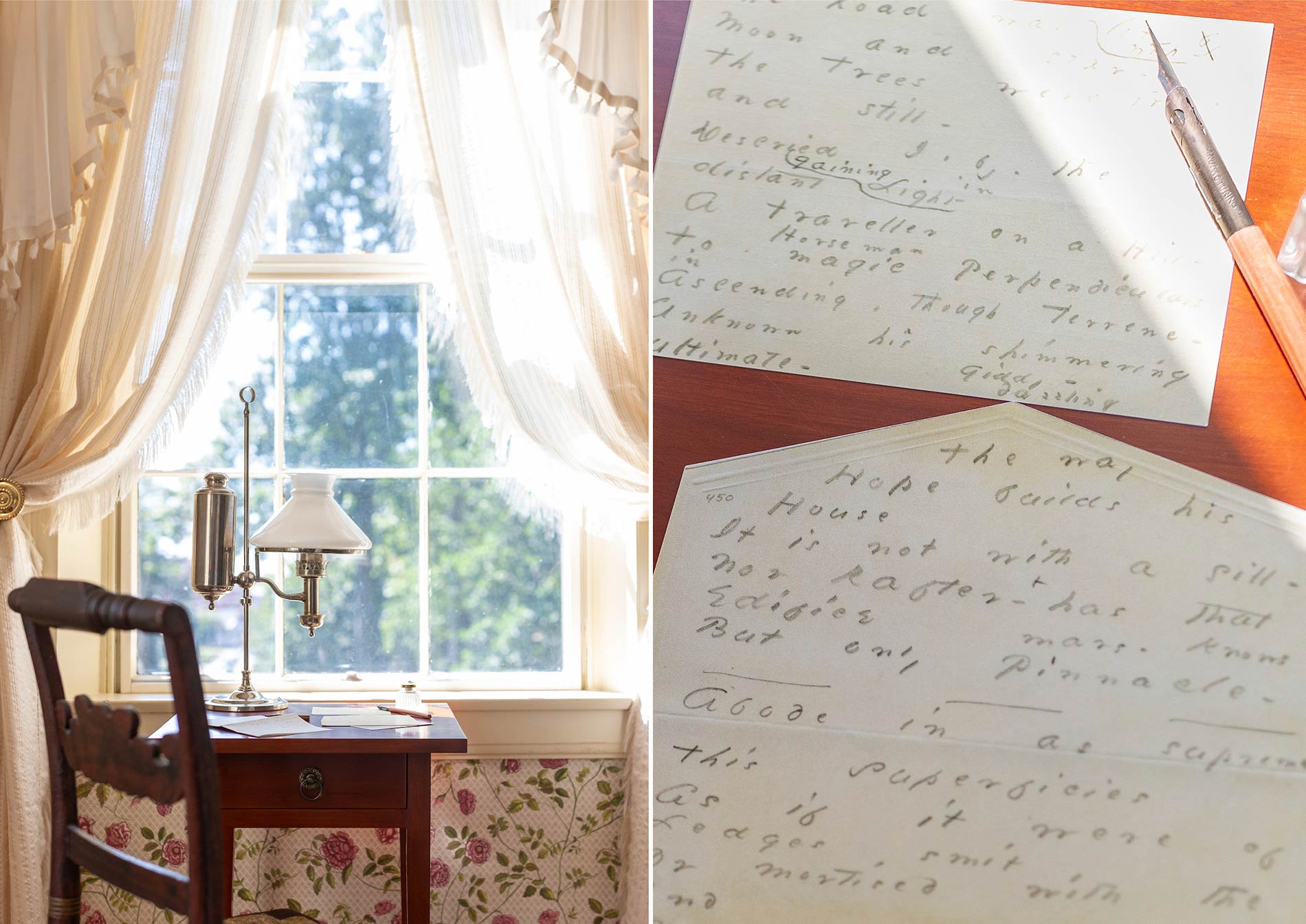 Poems by Emily Dickinson written on envelopes and Emily's writing desk.