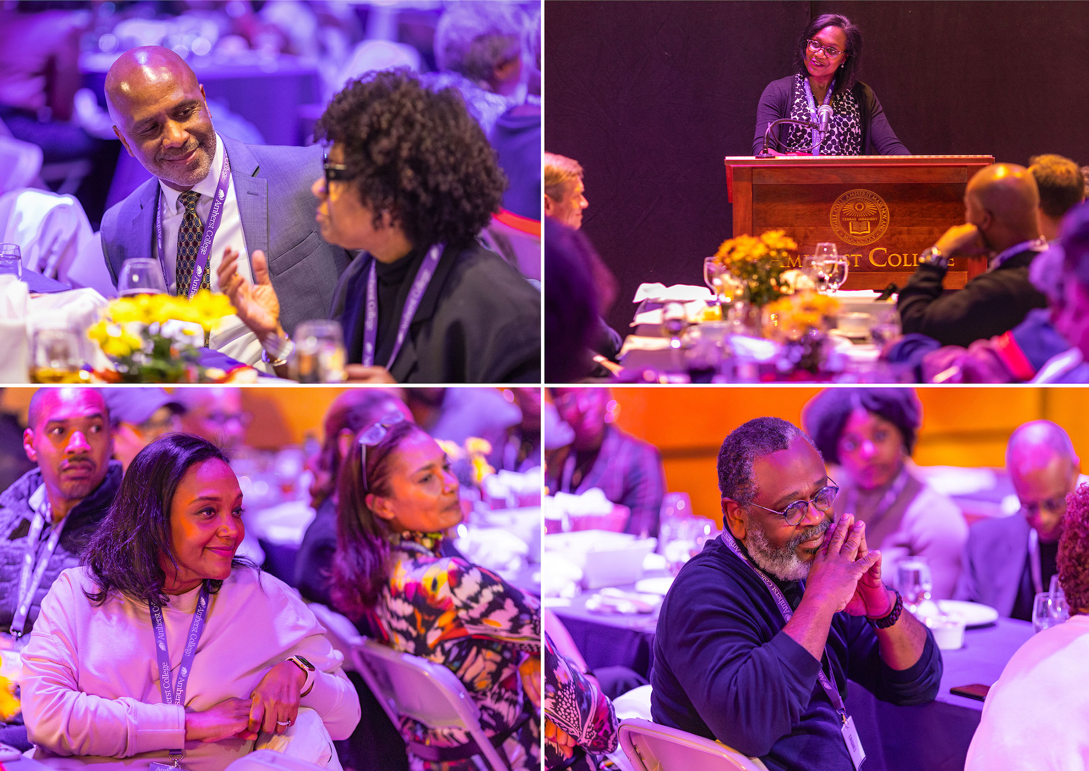 A collage of images of people attending a dinner during homecoming at Amherst College.
