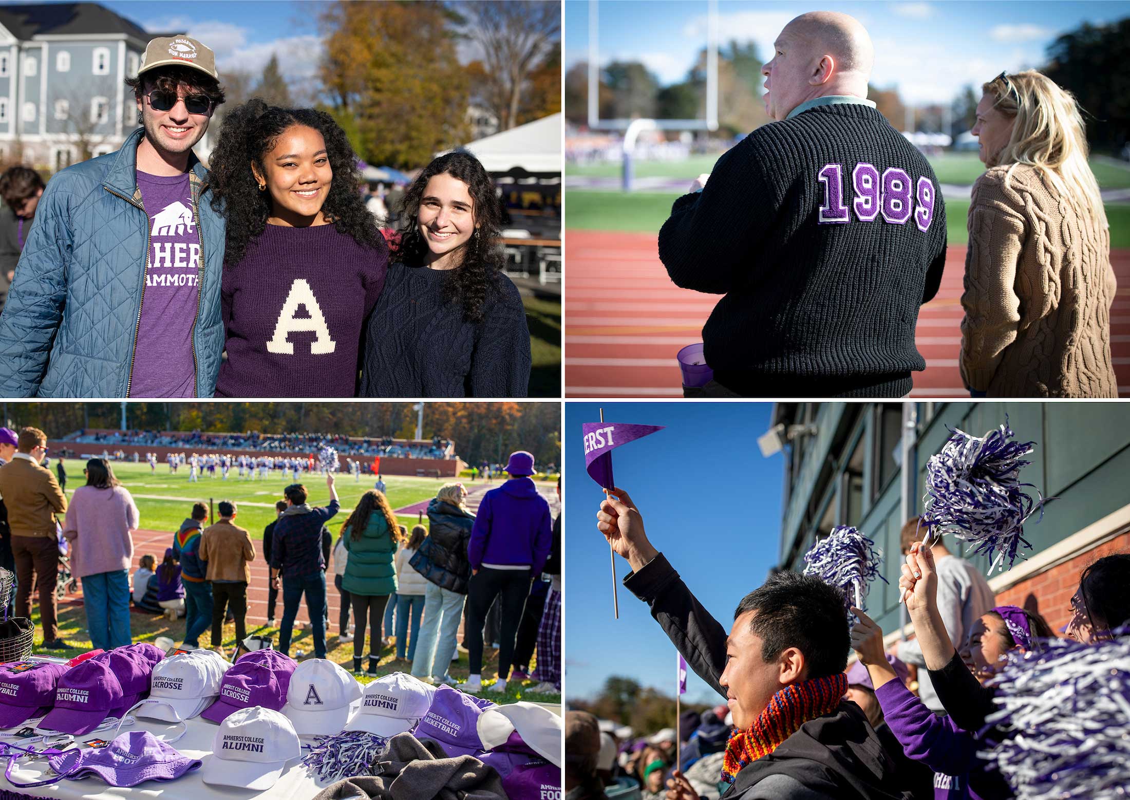 A collage of images showing fans at the Homecoing football game and lots of Amherst swag.