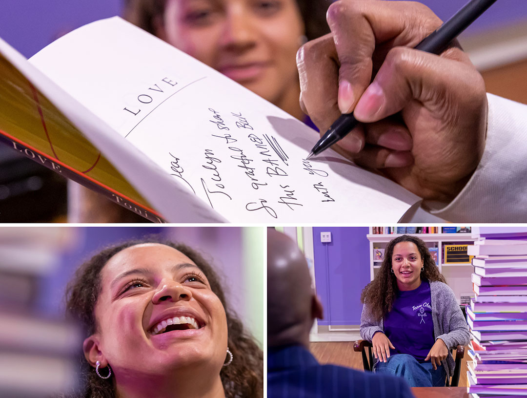 Professor Roberts writes a note for Jocely Nichols inside Toni Morrison's Novel Love, a book that was banner in Nichols' school.