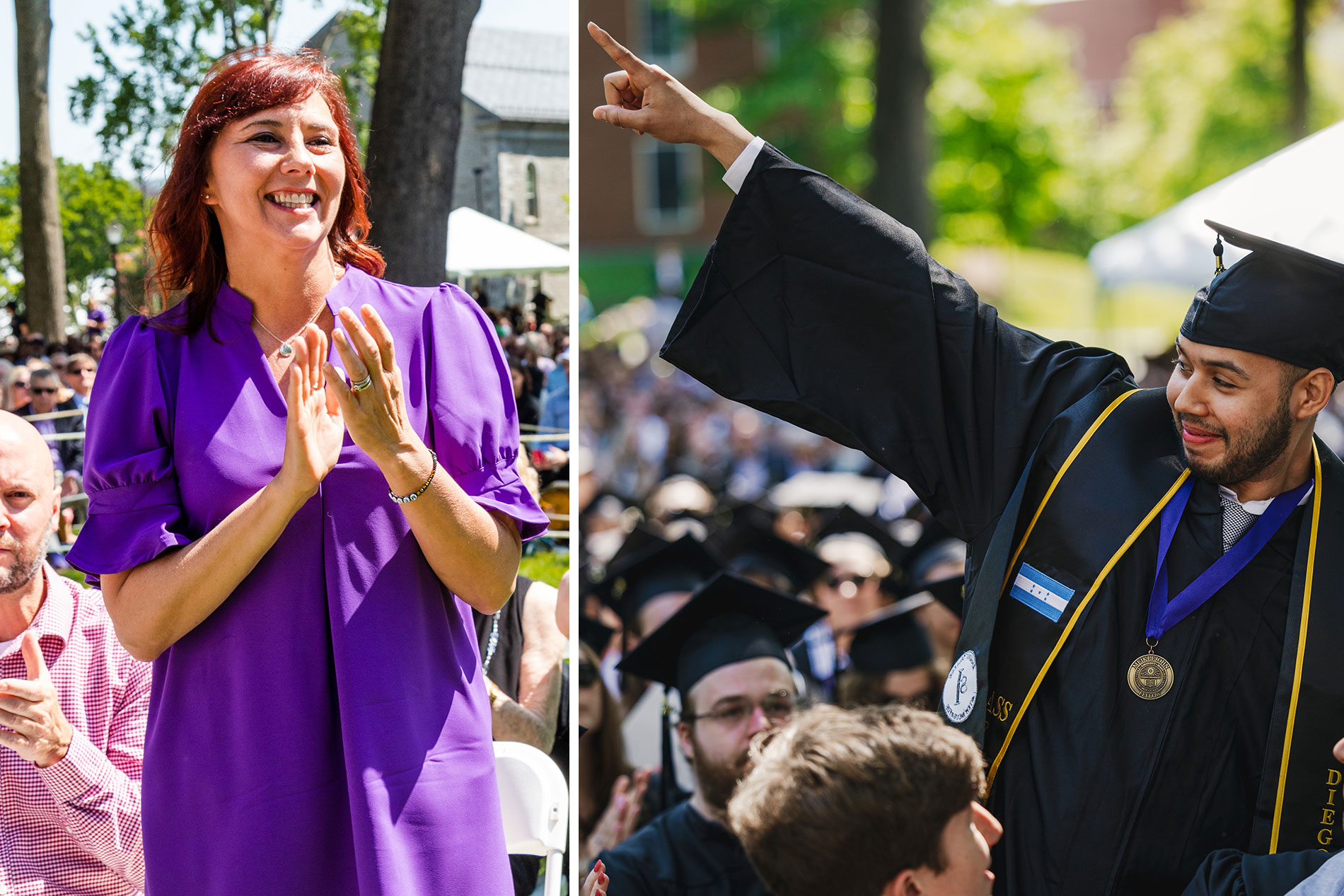 Felicia Mouton and Diego Carias stand to receive the Swift Moore Teaching Award during Commencement.