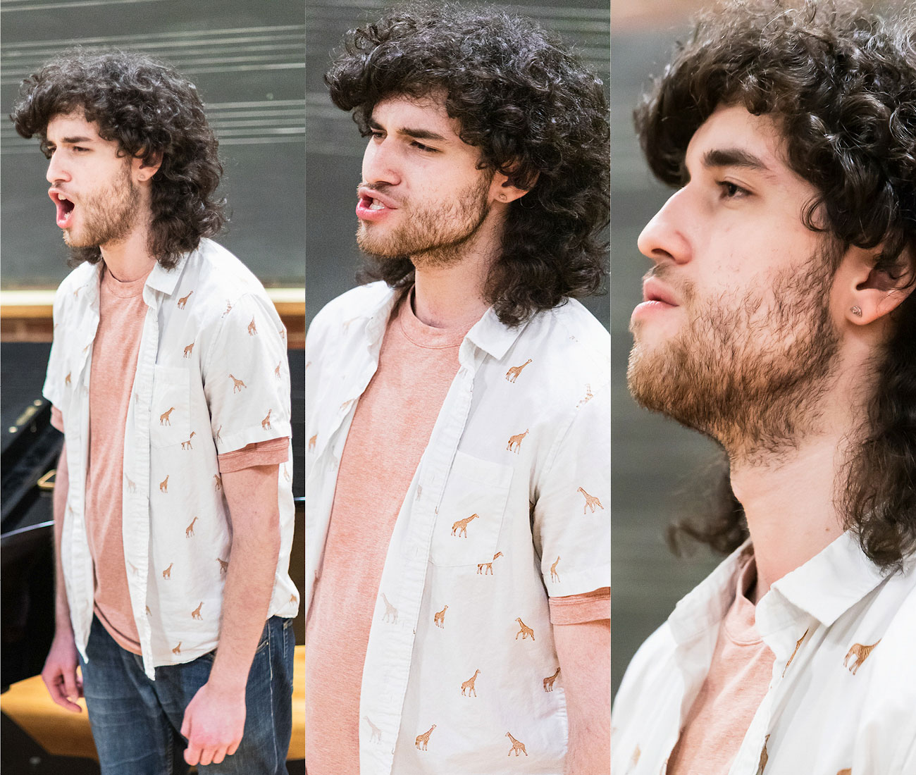Three images of a young man with long curly dark hair singing.