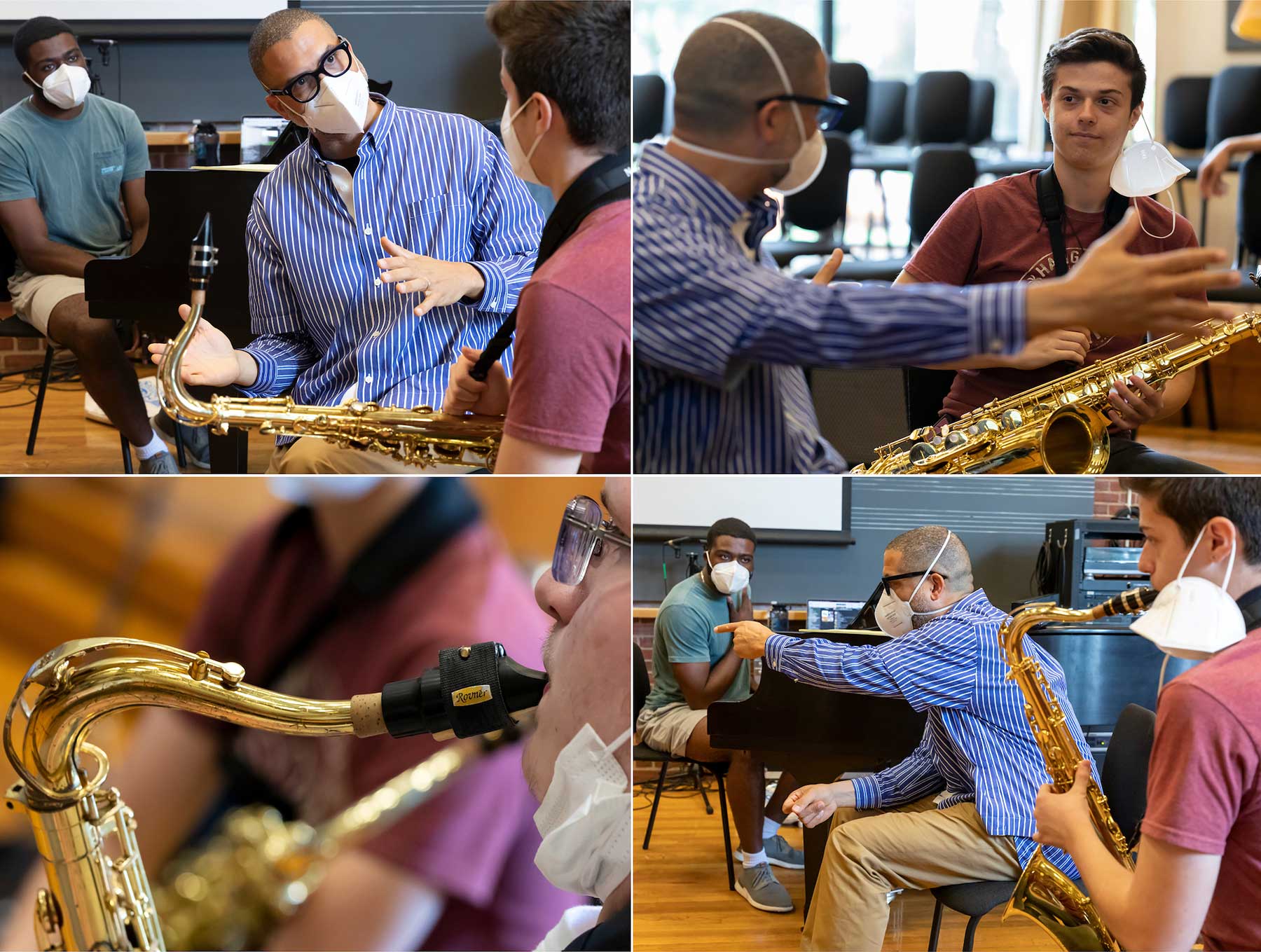 Four photos showing Jason Moran instructing saxophone players.