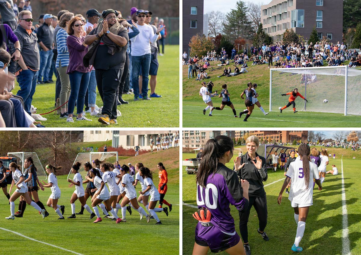 Fans cheering on the Amherst College women's soccer team.