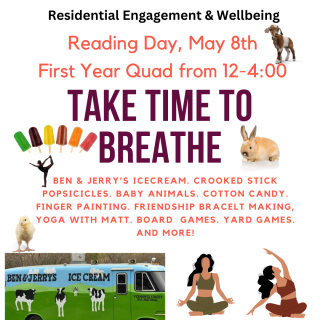 Take Time to Breathe with Residnetial Engagement & Wellbeing with Ben & Jerry's, Crooked Stick Popscicle, Baby animals, cotton candy, finger painting, friendship bracelet makeing and yoga!