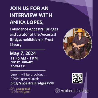 Purple flyer about the event with a picture of a woman seated and wearing a yellow hat